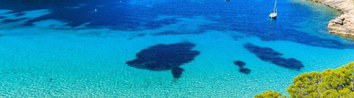 Cala Salada famous for its azure crystal clear sea water, Ibiza island, Spain shutterstock_660958126