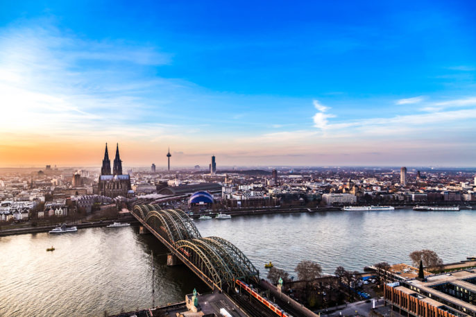 aerial of cologne in sunset