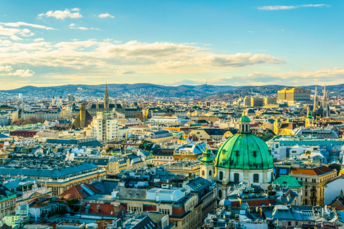 Aerial view of Vienna with tower of the town hall building shutterstock_545763607-2