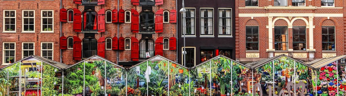 Amsterdam street traditional ancient dutch colorful buildings and flower market on Single canal shutterstock_237479155-2