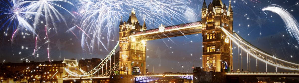 Tower bridge with fireworks, celebration of the New Year in London, UK_shutterstock_324955712
