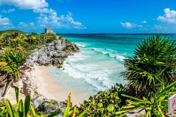 Huge Panorama of Tulum caribbean paradise and Mayan Ruins. Trave