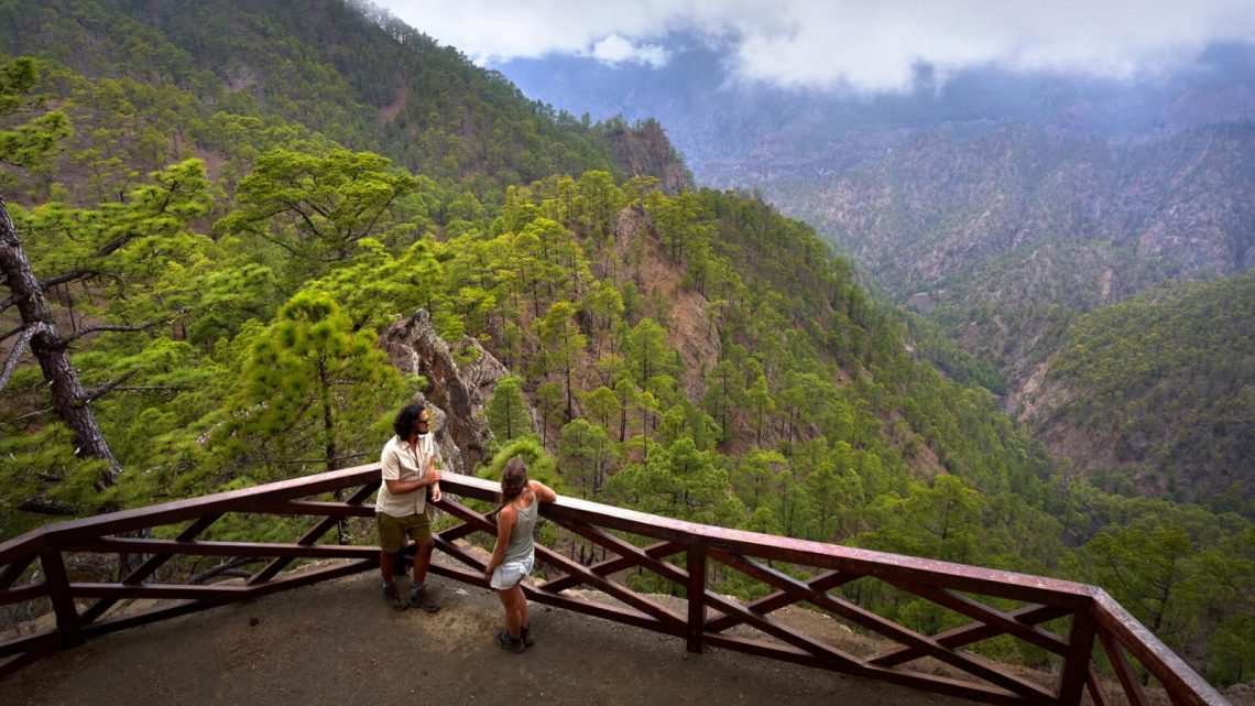 Paisaje verde con montaña de fondo y personas mirando en un mirador